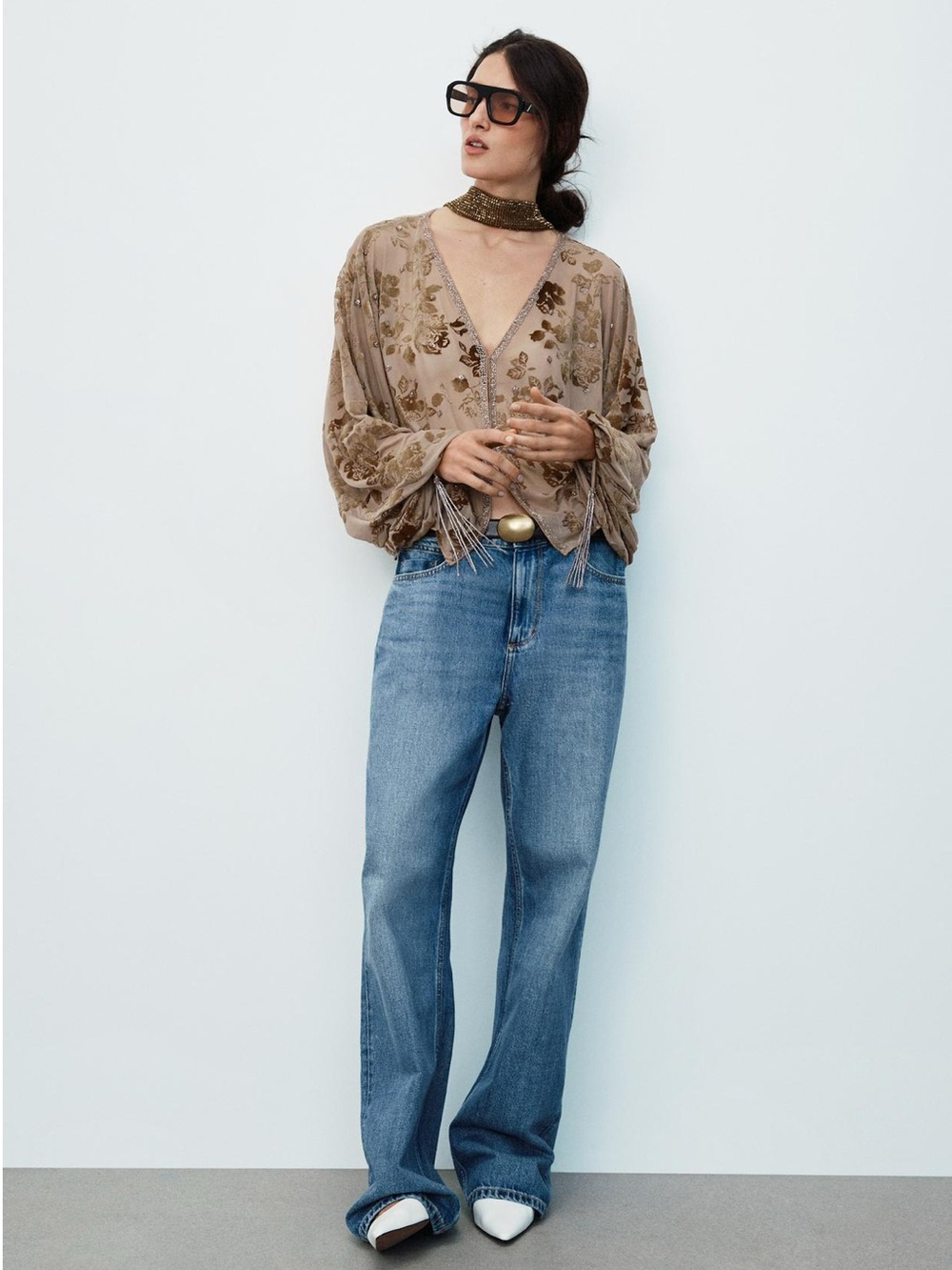 ZARA FLOCKED EMBROIDERED BLOUSE - Picture 3 of 10